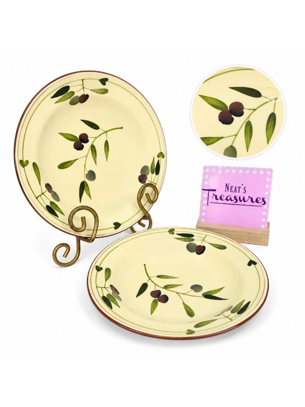 Home TERRA COTTA OLIVE BRANCH Purple Green Yellow Rim Soup Cereal Bowls Set 2
